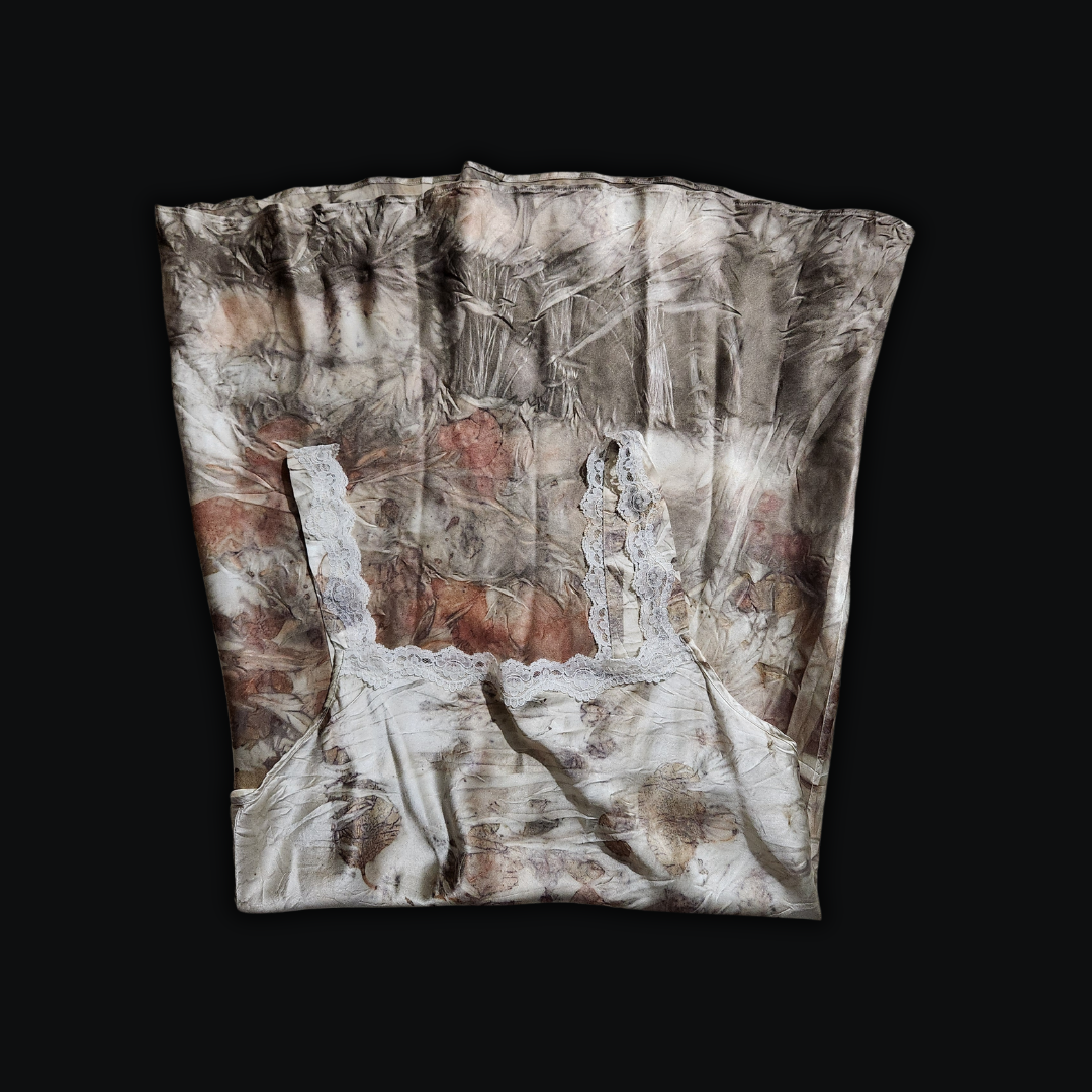 Eco-Printed Vintage Olga Silk Slip Dress w/ Lace Trim