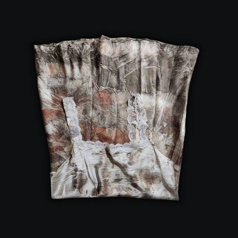 Eco-Printed Vintage Olga Silk Slip Dress w/ Lace Trim